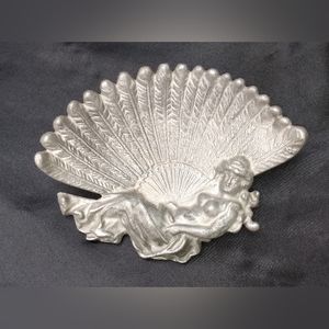 Vintage Metal Art Nouveau Lady W/Ostrich Fan Jewelry Trinket Ring Pin Dish EUC